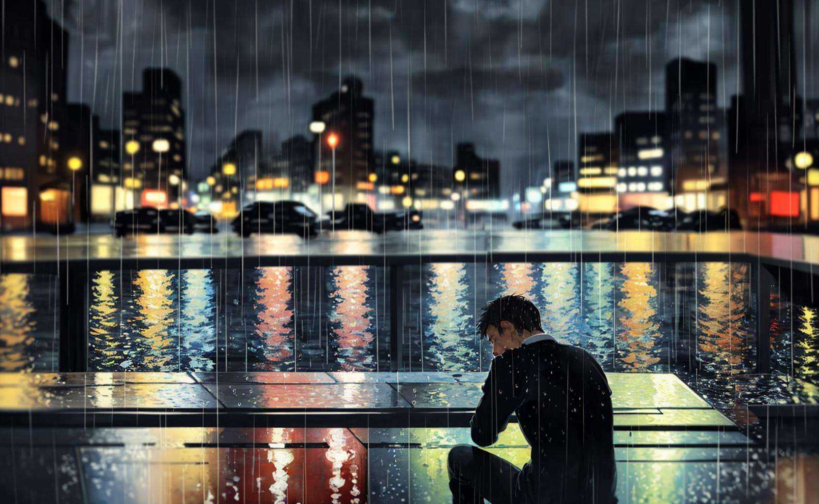 (masterpiece),(blurry),vague,Impressionism,scenery,depth of field,1 man,sitting,back view,city,downtown,on street,(raining:1.2)