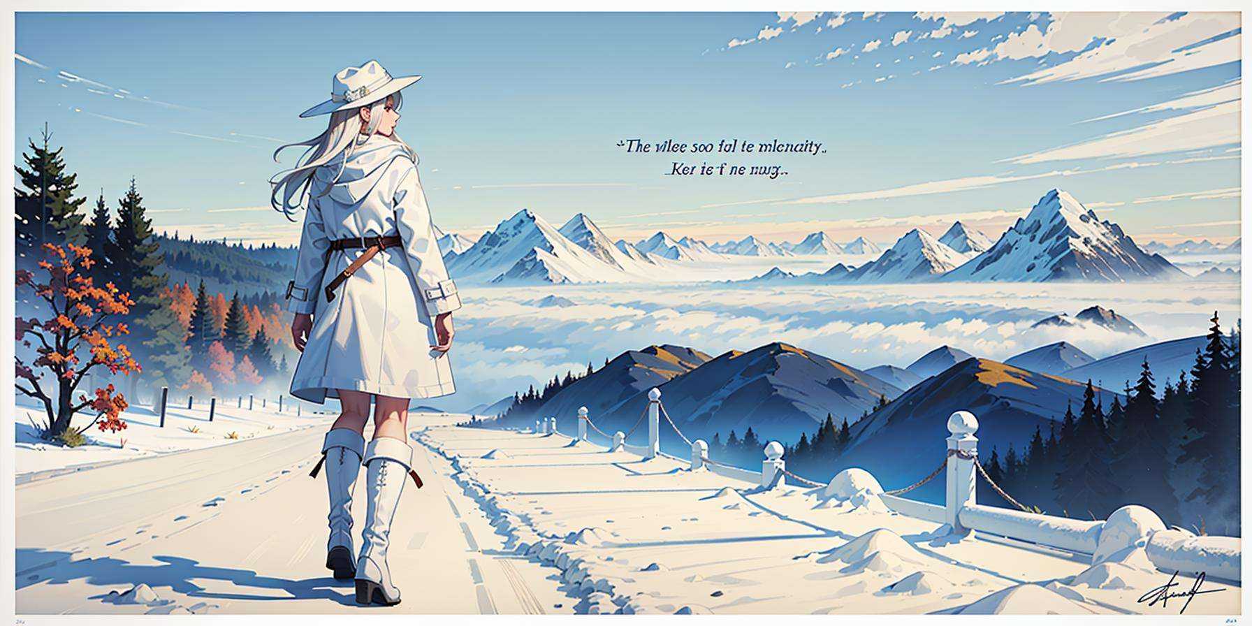 ((best quality)),((masterpiece)),((ultra-detailed)),(illustration),(detailed light),(an extremely delicate and beautiful),((trim)),incredibly_absurdres,(ray tracing),(Autumn),(signature),(English text:1.5),((beautiful sky)),(scenery),((mountain)),(cloud),((nature)),((fog)),(pine),(((border))),((trim)),(1girl:1.5),((solo:1.7)),((a beautiful girl)),(((full body shot))),((standding)),(facing away),(+perfect hand+:1.21),(((white coat))),((beautiful white dress+white knee boots)),((Belts)),((white hat)),(white scarf),(leg loops),(((long white_hair))),(signature),(English text:1.5),((beautiful sky)),(scenery),((mountain)),(cloud),((nature)),((fog)),(pine),(((border))),((trim))