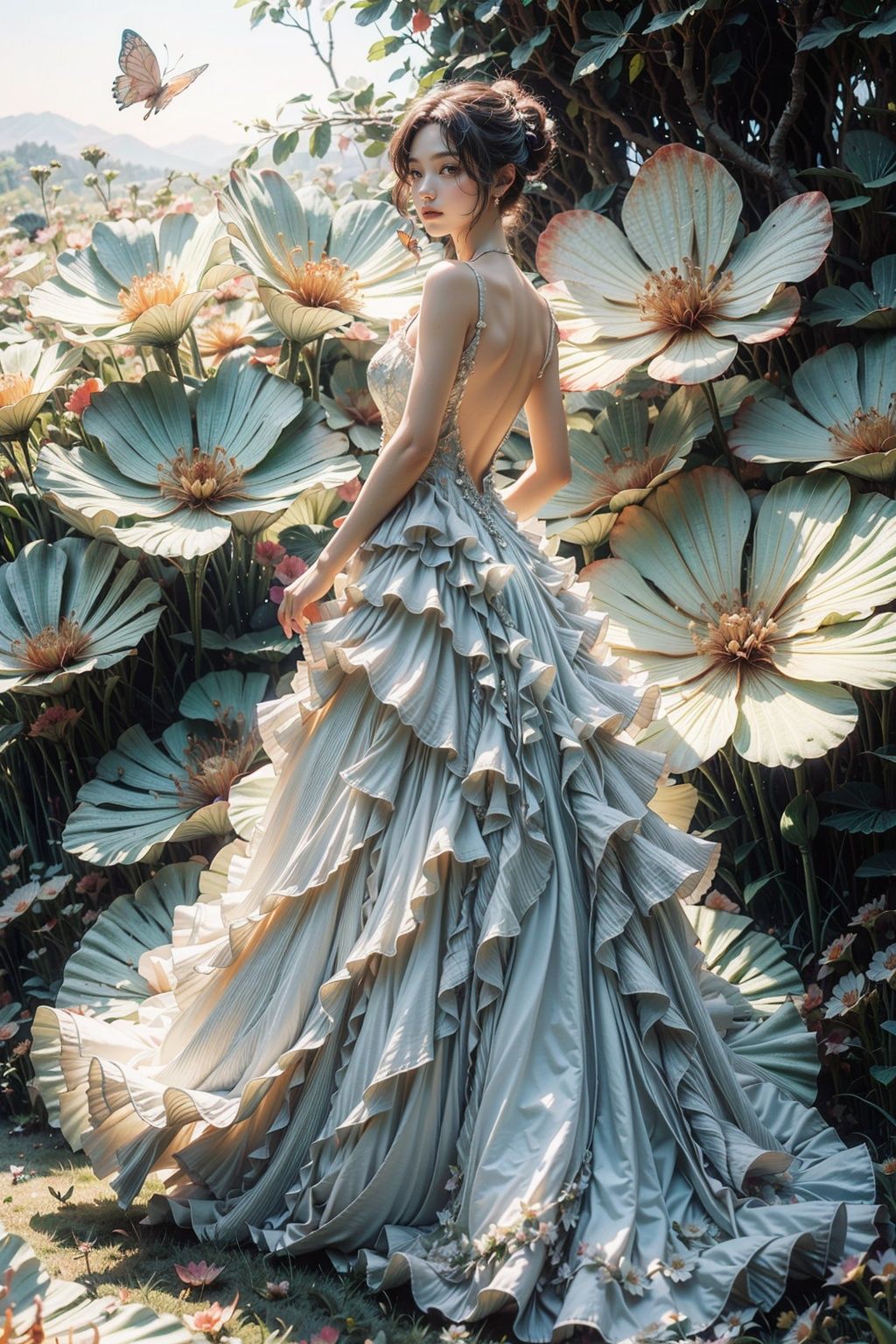 A short haired girl stands in front of the flowers, (in a shimmering backless dress, catching butterflies on the grass). The blue sky, Fuji film style C200, depth of field, photography style of Hideyoshi Hamada, light blue and light white, contemplative portrait painting, Osague. I can't believe what a beautiful island and dreamlike scene it is. What happened