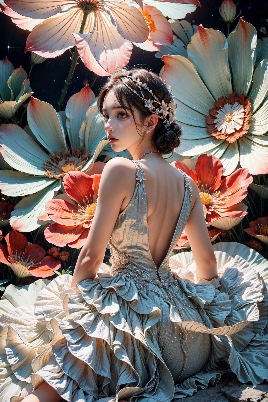Upper body portrait, 1 girl, flowing hair, (shining dress), sitting on a rock, looking back, bird's-eye view, delicate facial features, extremely beautiful face, clear details, light spots, lens halo, soft light contrast, blue and orange light, masterpiece, best quality