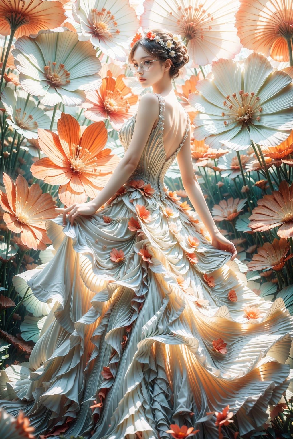 Movie stills, 1 girl, flowing hair, (glowing dress), colorful pleated skirt, running in the flowers, looking back, glasses, dreamy scenes, exquisite facial features, extremely beautiful face, clear details, soft lighting background, light particles, blue and orange lighting, masterpiece, best quality