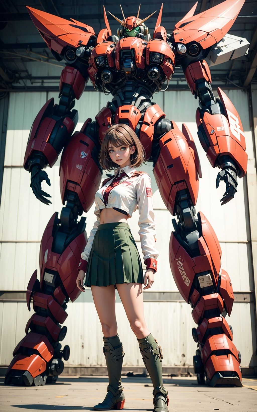 Photo of a nerdy woman standing infront of an exceptionally large heavy mecha in the background. super_mecha in the backgr...