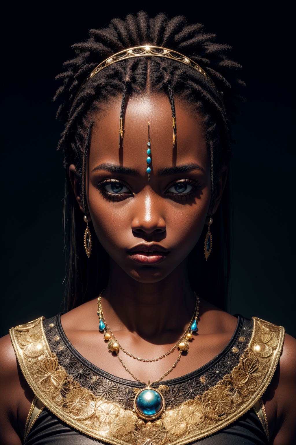 masterpiece, best quality, ultra high res, 1 dark skinned African girl, (fractal art:1.3), deep shadow, dark theme, fully clothed, necklace, forlorn, <lora:add_detail:1>