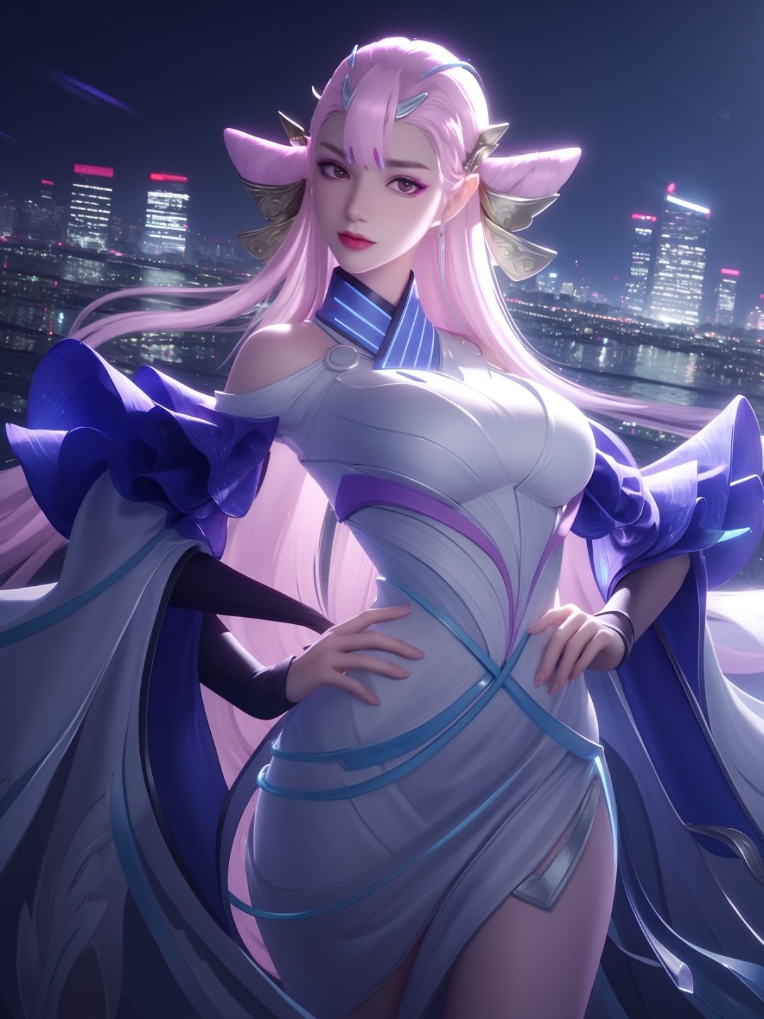 WZRYdiaochanMWHY, 1girl, long hair, solo, pink hair,wide sleeves,dress,headgear,bangs,pink eyes,glowing,double bun,  <lora:WZRYdiaochanMWHYxxii:0.75>,cityscape, night,looking at viewer, mature female, cowboy shot, hand on hip, 