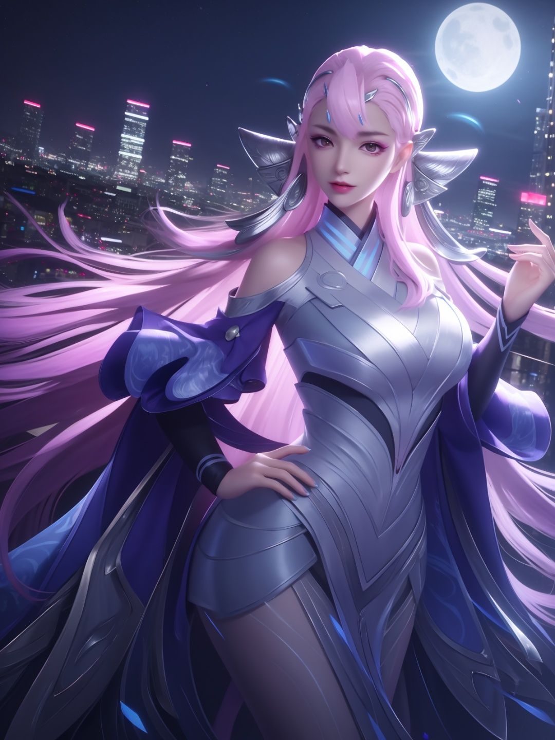 WZRYdiaochanMWHY, 1girl, long hair, solo, pink hair,wide sleeves,dress,headgear,bangs,pink eyes,glowing,double bun,  <lora:WZRYdiaochanMWHYxxii:0.75>,cityscape, night,looking at viewer, mature female, cowboy shot, hand on hip, 