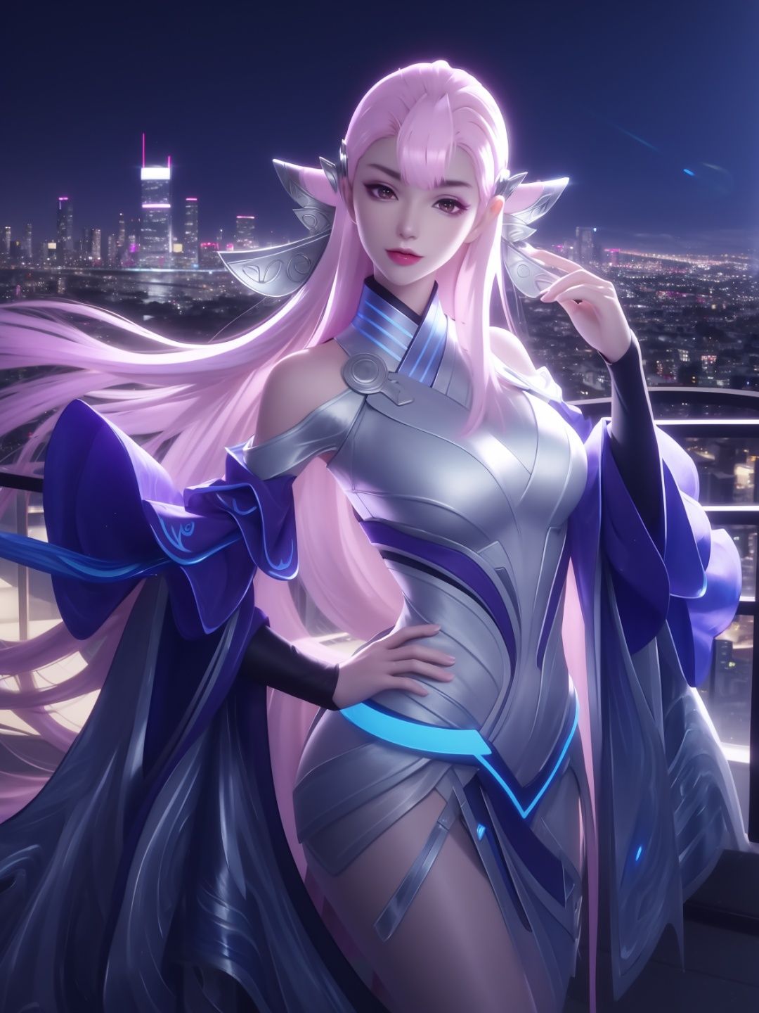 WZRYdiaochanMWHY, 1girl, long hair, solo, pink hair,wide sleeves,dress,headgear,bangs,pink eyes,glowing,double bun,  <lora:WZRYdiaochanMWHYxxii:0.75>,cityscape, night,looking at viewer, mature female, cowboy shot, hand on hip, 