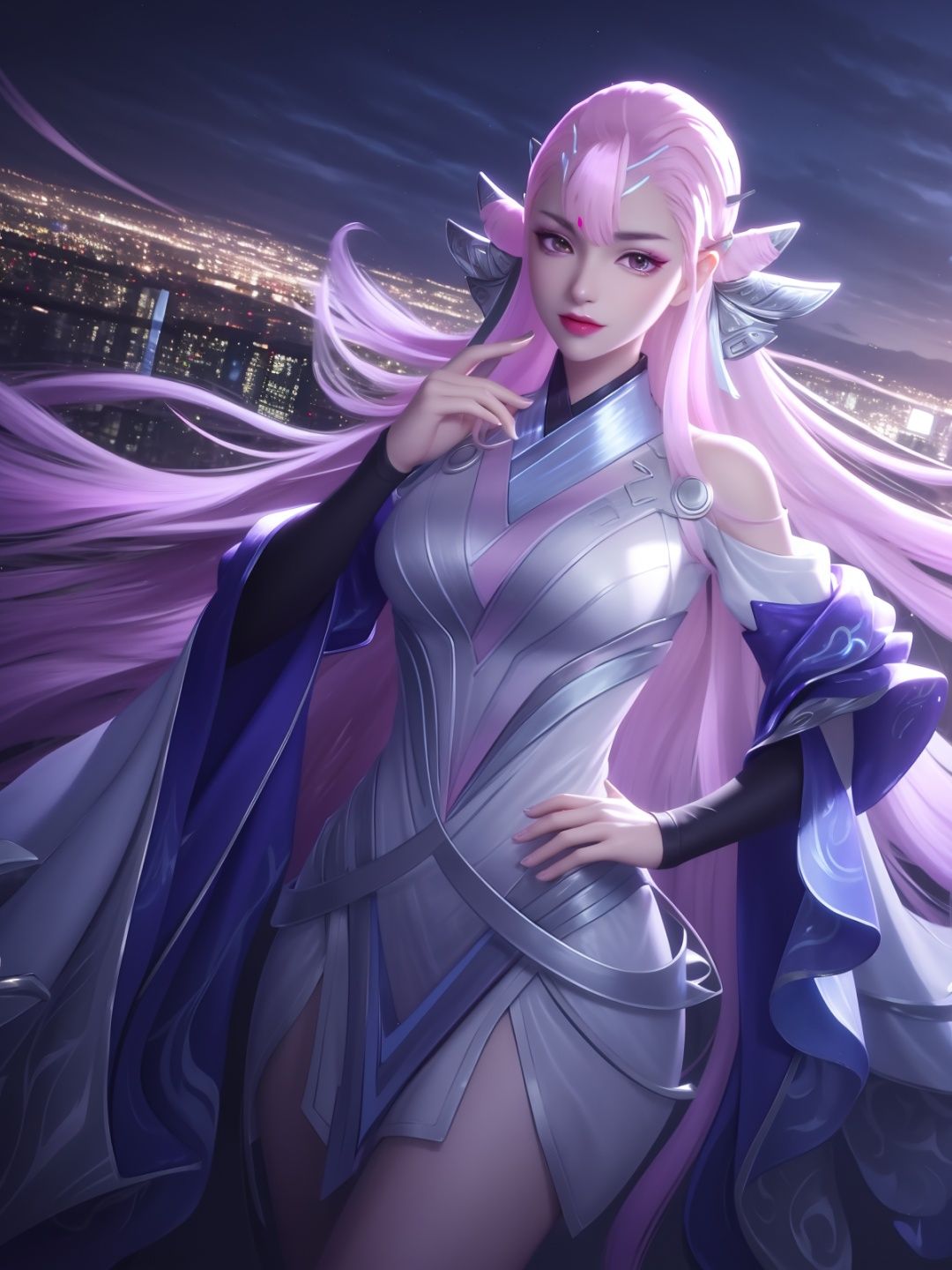 WZRYdiaochanMWHY, 1girl, long hair, solo, pink hair,wide sleeves,dress,headgear,bangs,pink eyes,glowing,double bun,  <lora:WZRYdiaochanMWHYxxii:0.75>,cityscape, night,looking at viewer, mature female, cowboy shot, hand on hip, 
