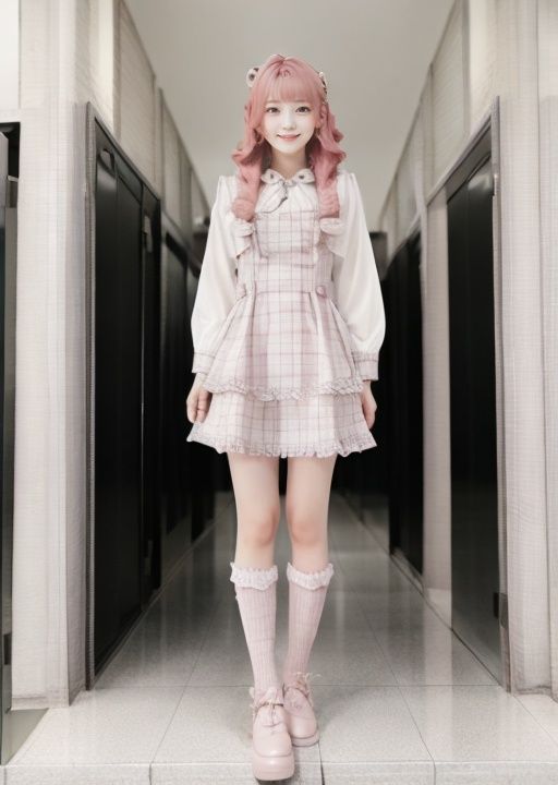 マスターチーフ 1girl,  <lora:AnkDressV1:0.6>,minedress1,full body, sky, pink hair, building, yellow background,long hair, smile,