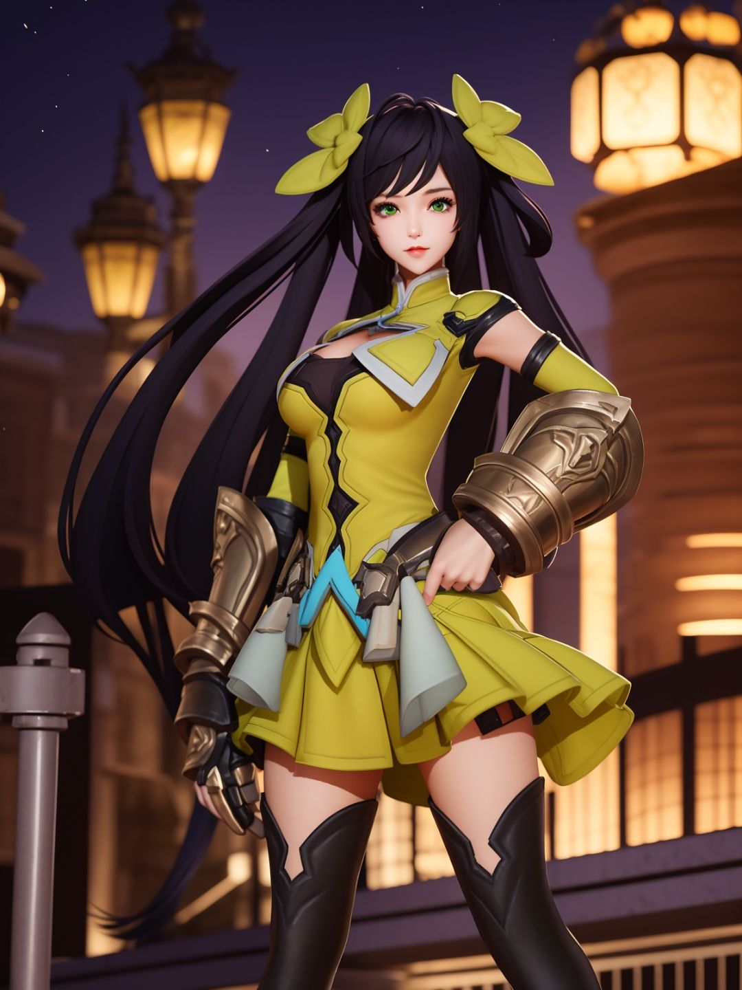 WZRYsunshangxiangYP,1girl,solo,long hair,black hair,twintails,gauntlets,green eyes,thigh boots,lips,standing,headgear,hand on hip,dress,detached sleeves,<lora:WZRYsunshangxiangYP:0.75>,cityscape,night,looking at viewer,mature female,