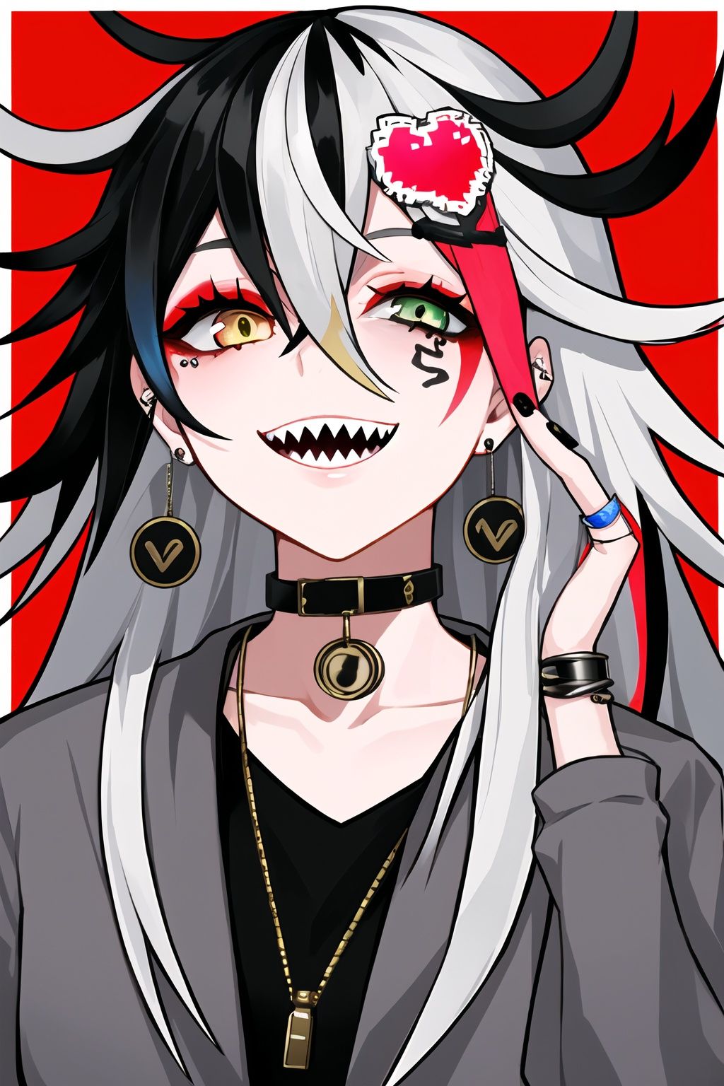 <lora:lam_style_v1:0.6>,upper body,lam style,impasto style,1girl,solo,long hair,looking at viewer,smile,open mouth,bangs,black hair,hair ornament,hair between eyes,jewelry,jacket,yellow eyes,white hair,grey hair,heart,multicolored hair,earrings,teeth,choker,hairclip,hand up,nail polish,bracelet,streaked hair,v,makeup,heterochromia,ring,sharp teeth,black nails,c,colorful eyebrows,tear makeup,