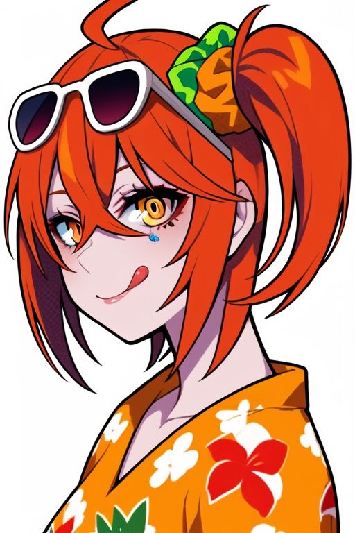 <lora:lam_style_v1:0.6>,upper body,lam style,impasto style,1girl,solo,smile,short hair,bangs,simple background,shirt,hair ornament,white background,hair between eyes,yellow eyes,ahoge,tongue,tongue out,orange hair,side ponytail,from side,official alternate costume,orange eyes,one side up,sunglasses,scrunchie,portrait,eyewear on head,hair scrunchie,:q,licking lips,orange shirt,yellow scrunchie,hawaiian shirt,fujimaru ritsuka \(female\),colorful eyebrows,tear makeup,
