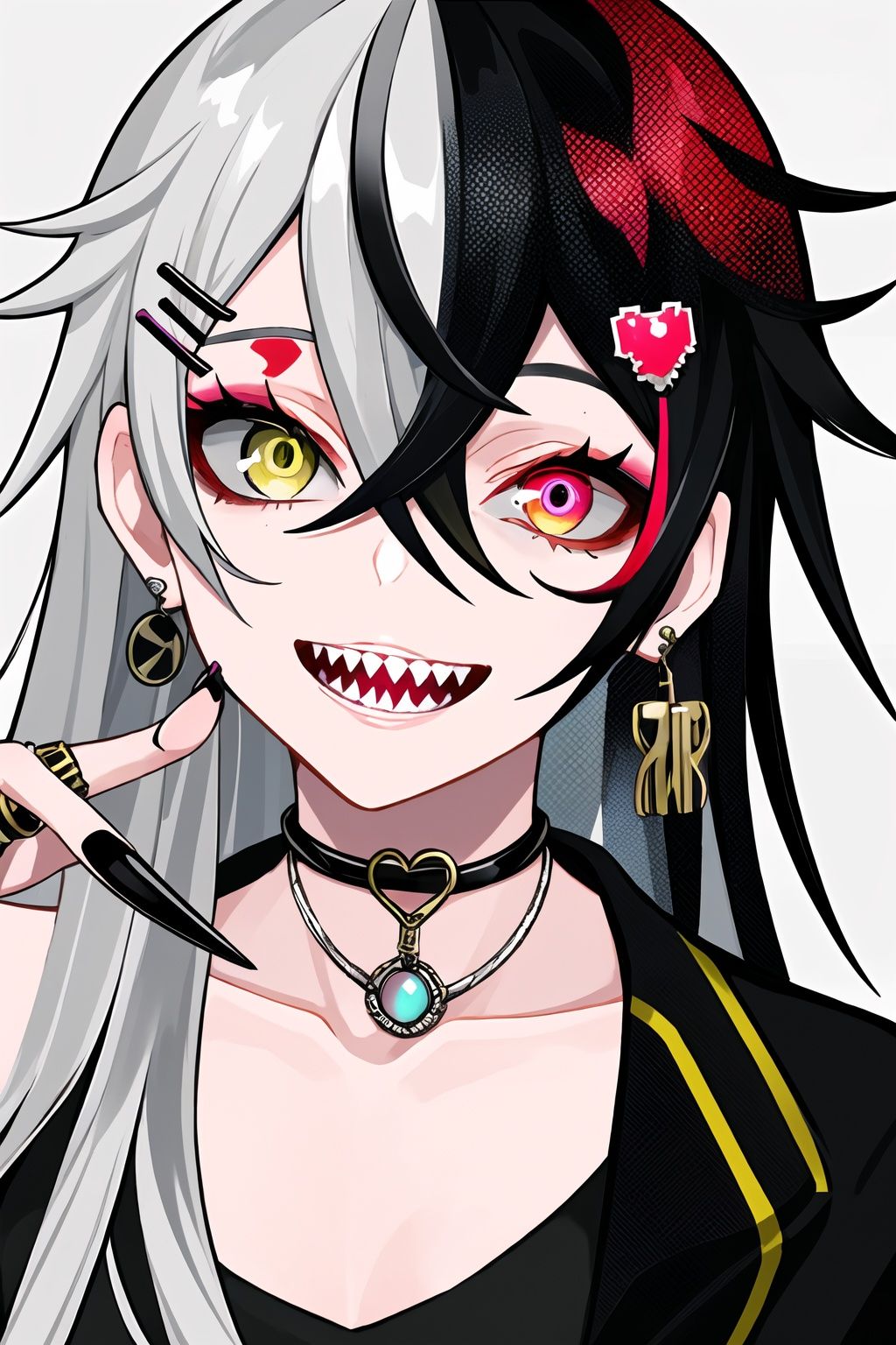 <lora:lam_style_v1:0.6>,upper body,lam style,impasto style,1girl,solo,long hair,looking at viewer,smile,open mouth,bangs,black hair,hair ornament,hair between eyes,jewelry,jacket,yellow eyes,white hair,grey hair,heart,multicolored hair,earrings,teeth,choker,hairclip,hand up,nail polish,bracelet,streaked hair,v,makeup,heterochromia,ring,sharp teeth,black nails,c,colorful eyebrows,tear makeup,