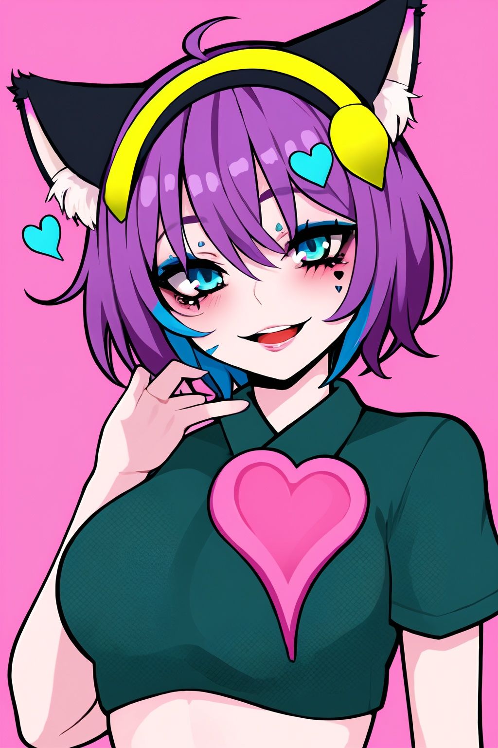 1girl,:p,upper body,<lora:lam_style_v1:0.65>,upper body,lam style,1girl,impasto style,solo,breasts,looking at viewer,blush,smile,open mouth,bangs,blue eyes,small breasts,simple background,colorful eyes,cat ears,(halftone:0.7),komeiji satori,solo,shirt,short hair,heart,purple hair,hairband,blue shirt,(colorful eyebrows:1.3),(tear makeup:1.3),