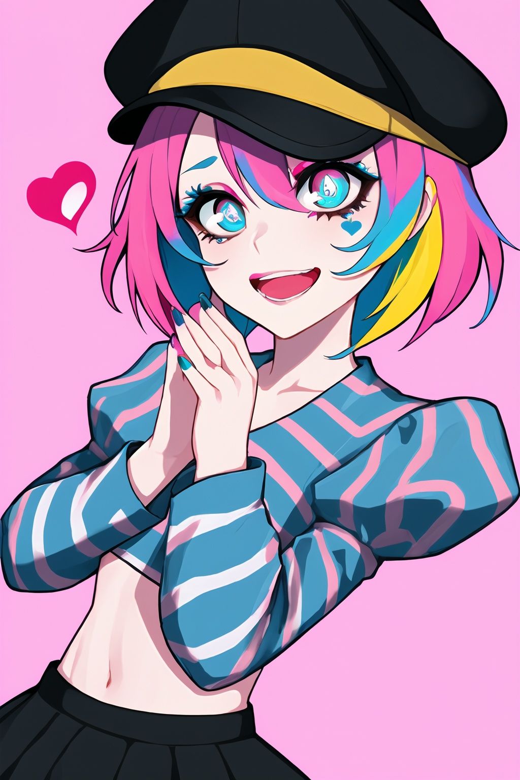 <lora:lam_style_v1:0.6>,upper body,lam style,1girl,solo,looking at viewer,smile,short hair,open mouth,bangs,blue eyes,skirt,shirt,long sleeves,hat,navel,blue hair,pink hair,heart,multicolored hair,cowboy shot,midriff,striped,puffy sleeves,nail polish,symbol-shaped pupils,pink background,own hands together,blue nails,striped shirt,yellow nails,multicolored nails,(colorful eyebrows:1.3),(tear makeup:1.3),