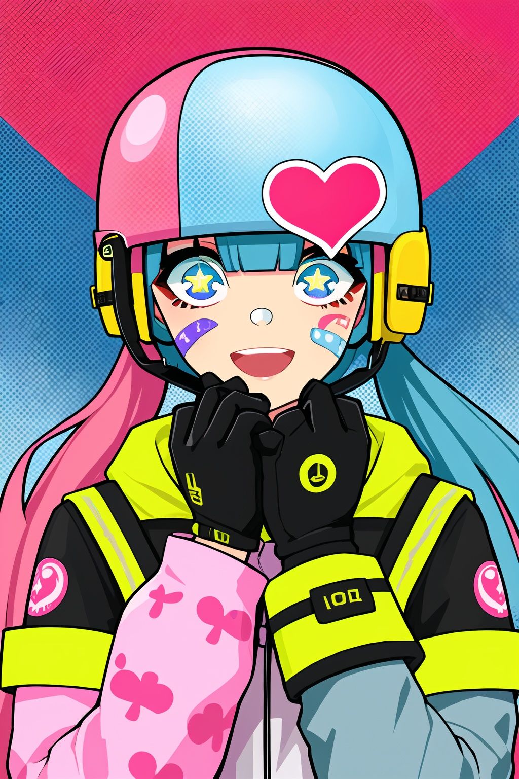 <lora:lam_style_v1:0.6>,upper body,lam style,impasto style,long hair,looking at viewer,smile,open mouth,bangs,blue eyes,multiple girls,gloves,long sleeves,2girls,twintails,closed mouth,green eyes,blue hair,jacket,pink hair,:d,heart,multicolored hair,glasses,teeth,blunt bangs,pink eyes,star \(symbol\),headphones,upper teeth only,helmet,armband,bandaid,headset,multicolored eyes,bandaid on face,blue gloves,star-shaped pupils,pink gloves,sticker,yellow-framed eyewear,colorful eyebrows,tear makeup,