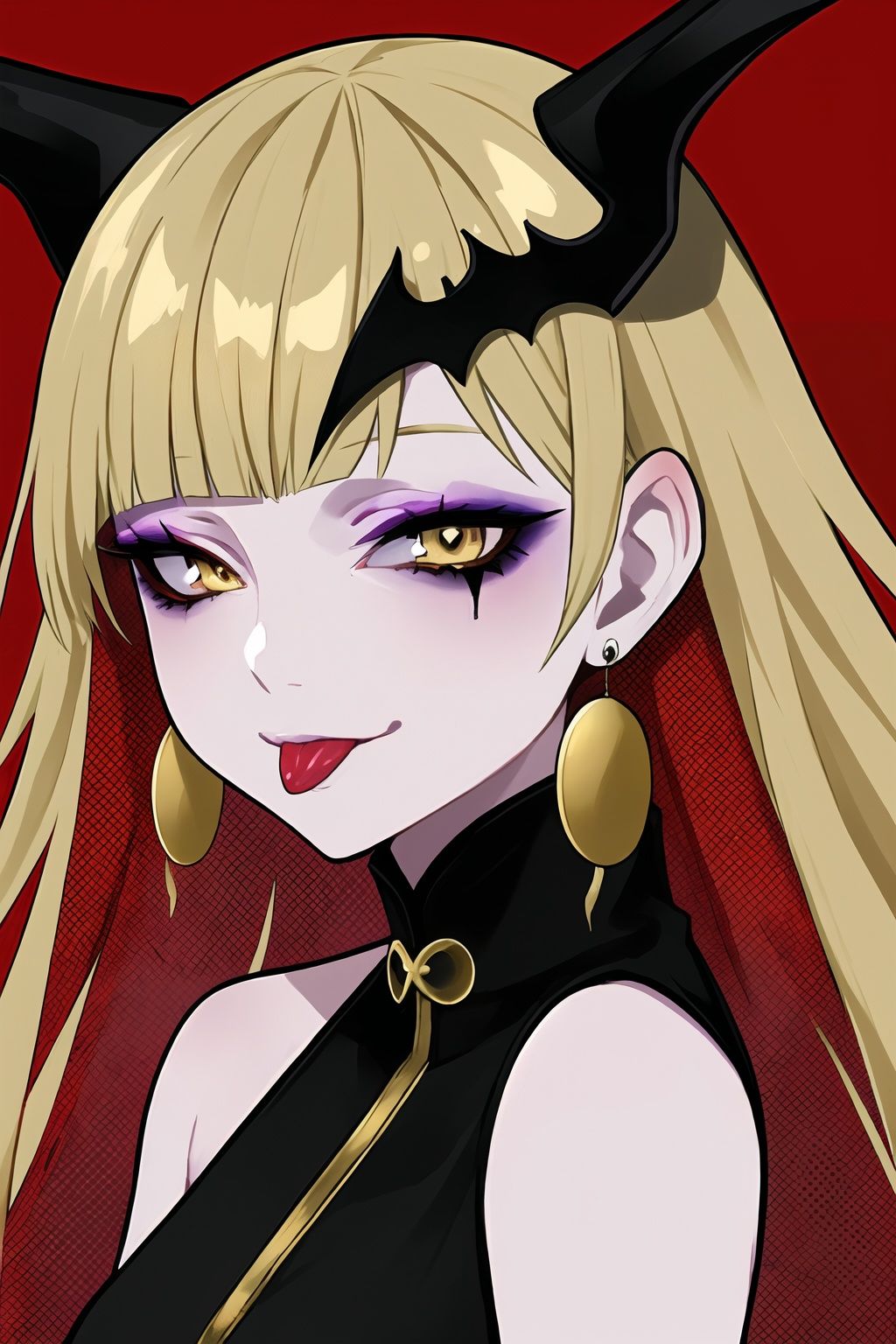<lora:lam_style_v1:0.6>,upper body,lam style,impasto style,1girl,:p,bare shoulders,bat hair ornament,blonde hair,earrings,eyeshadow,gloves,hair behind ear,hair ornament,hand up,jewelry,lam-style,long hair,looking at viewer,makeup,portrait,red background,red gloves,sleeveless,smile,solo,tongue,tongue out,vampire,yellow eyes,colorful eyebrows,tear makeup,