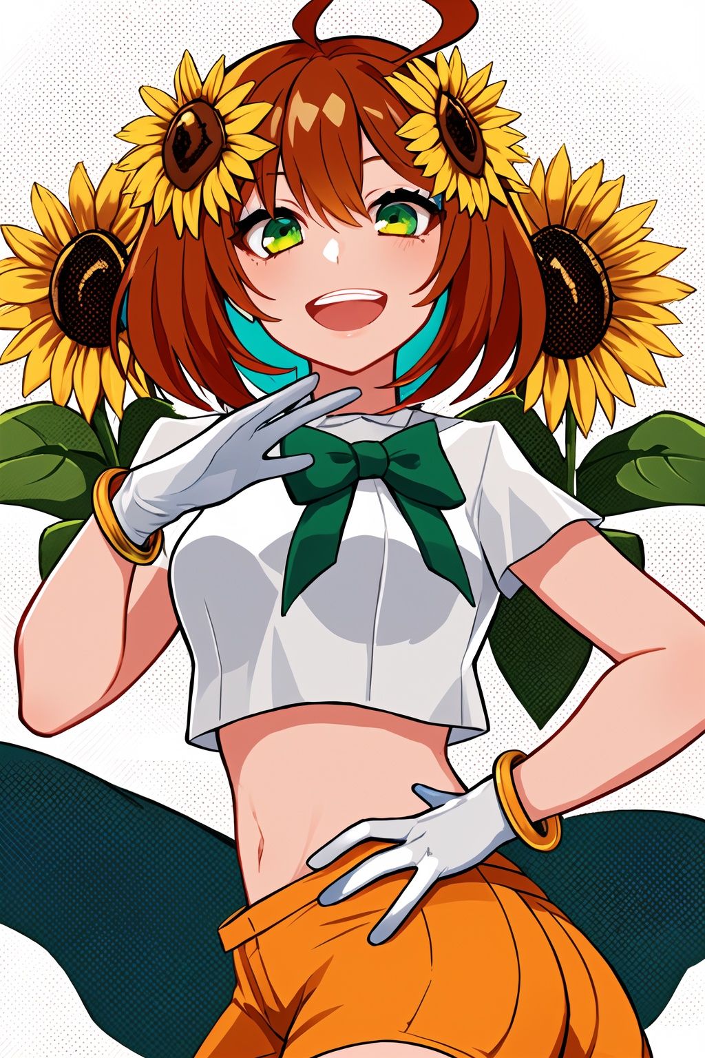 <lora:lam_style_v1:0.6>,upper body,lam style,impasto style,1girl,solo,looking at viewer,smile,short hair,open mouth,bangs,skirt,brown hair,shirt,hair ornament,gloves,white background,bow,jewelry,green eyes,ass,flower,ahoge,short sleeves,:d,multicolored hair,cowboy shot,frills,shorts,teeth,midriff,white gloves,hand up,hair flower,medium hair,orange hair,bracelet,crop top,hand on hip,upper teeth only,green skirt,green bow,yellow flower,sunflower,orange shorts,sunflower hair ornament,colorful eyebrows,tear makeup,