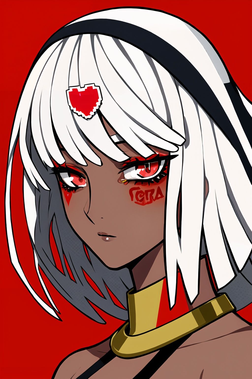 <lora:lam_style_v1:0.6>,upper body,lam style,impasto style,1girl,solo,short hair,bangs,simple background,red eyes,white hair,heart,dark skin,dark-skinned female,tattoo,portrait,veil,headdress,altera \(fate\),looking at viewer,colorful eyebrows,tear makeup,