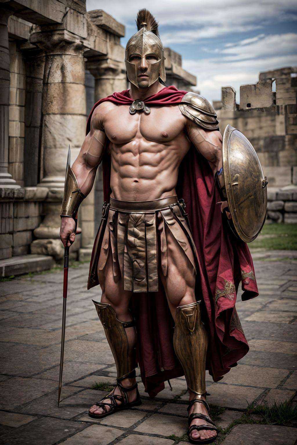 realistic, masterpiece, best quality, cinematic, dynamic lighting, natural shadow, ray tracing, volumetric lighting, highest detail, professional photography, detailed background, depth of field, insane details, intricate, aesthetic, detailed face, detailed skin, subsurface scattering, realistic hair, realistic eyes, muscular, masculine, (large pectorals:1.5), (puffy nipples:1), (shiny skin:1), (sweat:0.5), pecs, abs, photo of a handsome man, spartanarmor, red cape, holding weapon, loincloth, sandals, ancient greece, Colosseum, outdoors, (wind:1.2), shoulder armor, dirty skin, bloody skin, fighting stance, dynamic pose, helmet, 