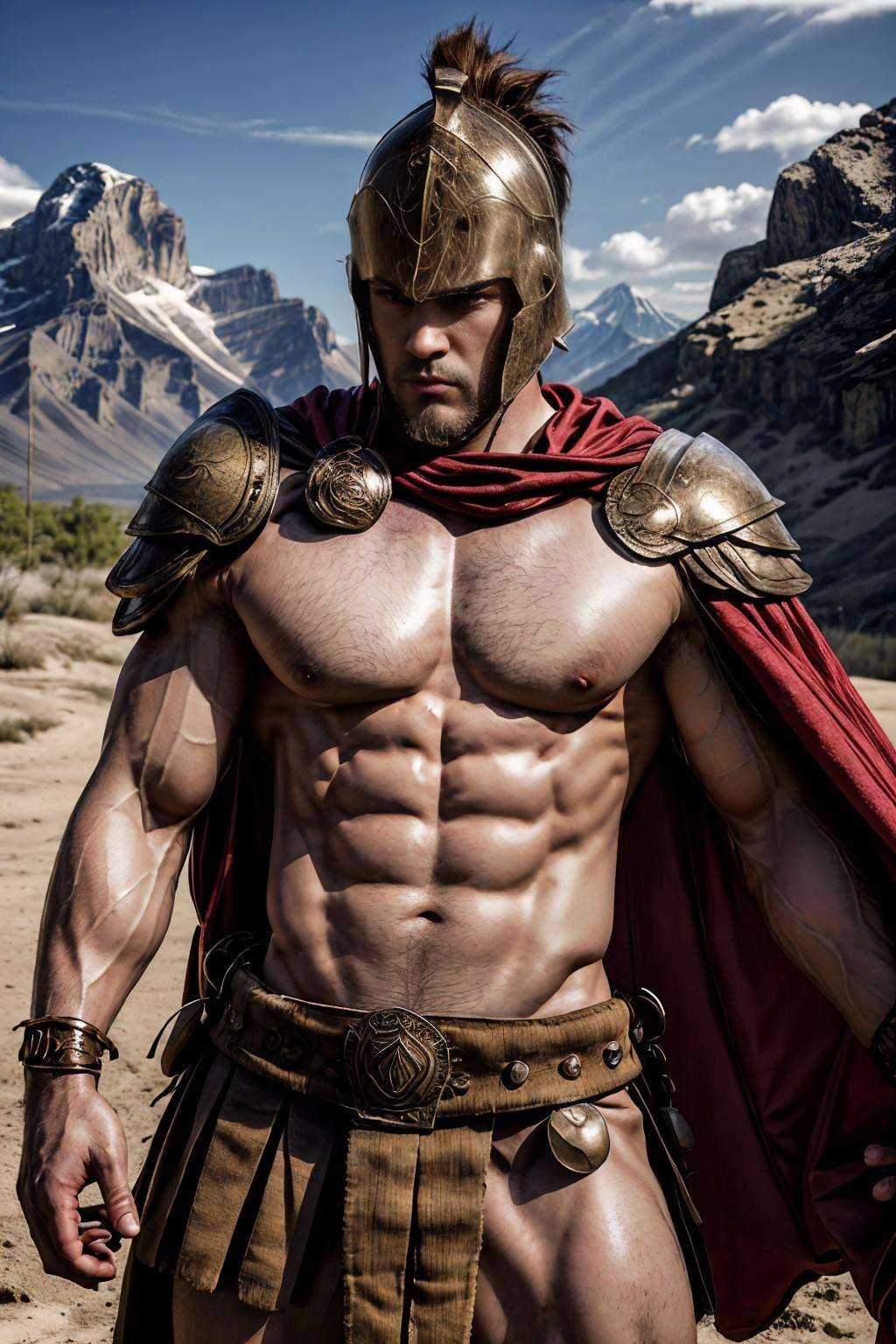realistic, masterpiece, best quality, cinematic, dynamic lighting, natural shadow, ray tracing, volumetric lighting, highest detail, professional photography, detailed background, depth of field, insane details, intricate, aesthetic, detailed face, detailed skin, subsurface scattering, realistic hair, realistic eyes, muscular, masculine, (large pectorals:1.5), (puffy nipples:1), (shiny skin:1), (sweat:0.5), pecs, abs, photo of a handsome man, spartanarmor, red cape, loincloth, ancient greece, outdoors, wind, shoulder armor, dirty skin, bloody skin, fighting stance, dynamic pose, helmet, mountain, desert, army