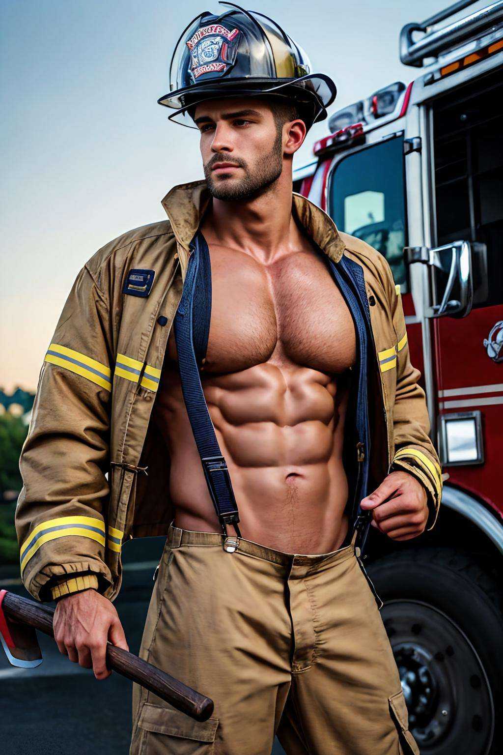 Realistic, masterpiece, best quality, cinematic lighting, natural shadow, highest detail, professional photography, detailed background, depth of field, insane details, intricate, aesthetic, detailed face, subsurface scattering, realistic hair, realistic eyes, muscular, masculine, large pectorals, (shiny skin:1), (sweat:0.5), pecs, abs, photo of a handsome man, firemenoutfit, suspenders, pants, helmet, jacket, holding axe,