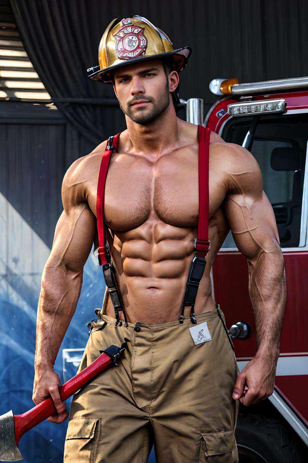 realistic, masterpiece, best quality, cinematic lighting, natural shadow, highest detail, professional photography, detailed background, depth of field, insane details, intricate, aesthetic, detailed face, subsurface scattering, realistic hair, realistic eyes, muscular, masculine, large pectorals, (shiny skin:1), (sweat:0.5), pecs, abs, photo of a handsome man, firemenoutfit, suspenders, pants, facial hair, helmet, holding axe,