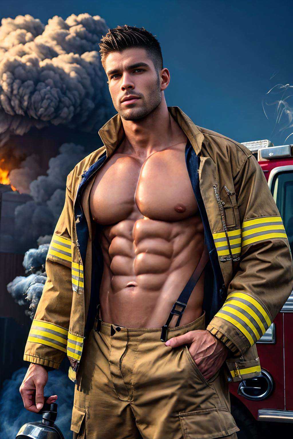 realistic, masterpiece, best quality, cinematic lighting, natural shadow, highest detail, professional photography, detailed background, depth of field, insane details, intricate, aesthetic, detailed face, subsurface scattering, realistic hair, realistic eyes, muscular, masculine, large pectorals, (shiny skin:1), (sweat:0.5), pecs, abs, photo of a handsome man, firemenoutfit, suspenders, pants, jacket, smoke in background,