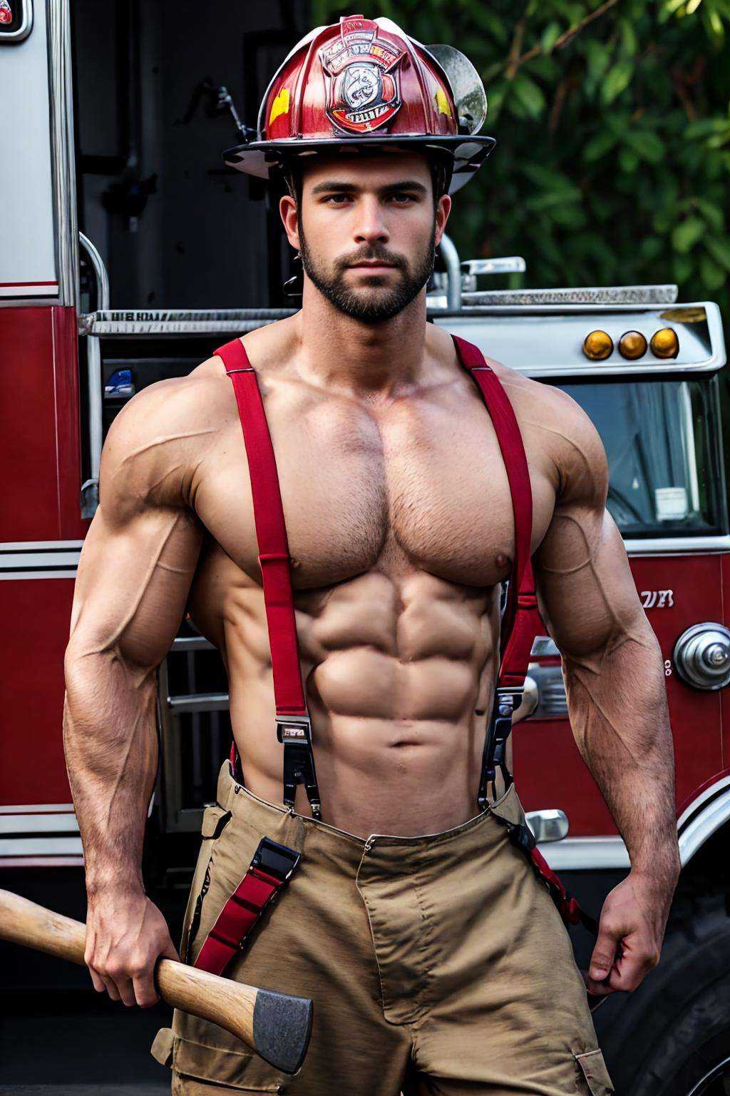 realistic, masterpiece, best quality, cinematic lighting, natural shadow, highest detail, professional photography, detailed background, depth of field, insane details, intricate, aesthetic, detailed face, subsurface scattering, realistic hair, realistic eyes, muscular, masculine, large pectorals, (shiny skin:1), (sweat:0.5), pecs, abs, photo of a handsome man, firemenoutfit, suspenders, pants, holding axe, beard, helmet
