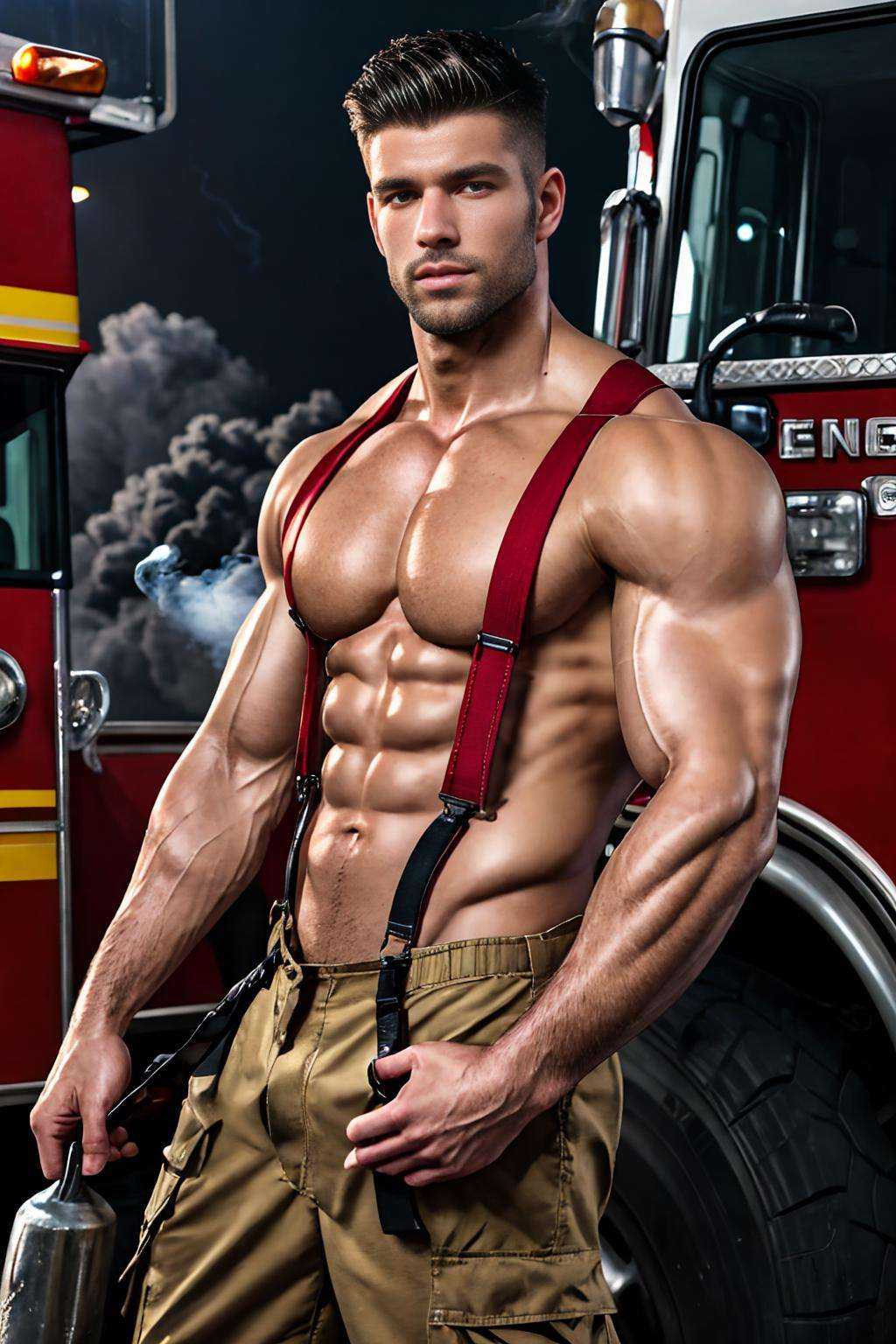 realistic, masterpiece, best quality, cinematic lighting, natural shadow, highest detail, professional photography, detailed background, depth of field, insane details, intricate, aesthetic, detailed face, subsurface scattering, realistic hair, realistic eyes, muscular, masculine, large pectorals, (shiny skin:1), (sweat:0.5), pecs, abs, photo of a handsome man, firemenoutfit, suspenders, pants, smoke in background,