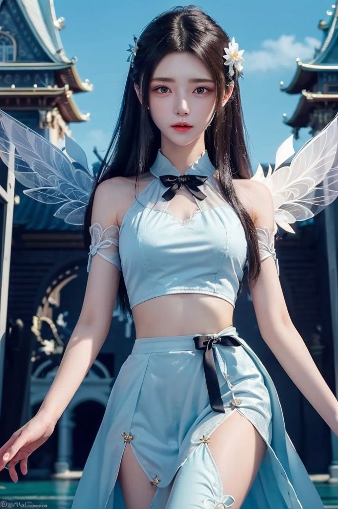 (((masterpiece))),best quality, illustration,(beautiful detailed girl),beautiful detailed glow,detailed ice,beautiful detailed water,(beautiful detailed eyes),expressionless,beautiful detailed white gloves, (floating palaces:1.3),azure hair,disheveled hair,long bangs, hairs between eyes, (skyblue dress),black ribbon,white bowties,midriff,{{{half closed eyes}}},,big forhead,blank stare,flower,large top sleeves,(((ice crystal texture wings))),,full_body,xuner