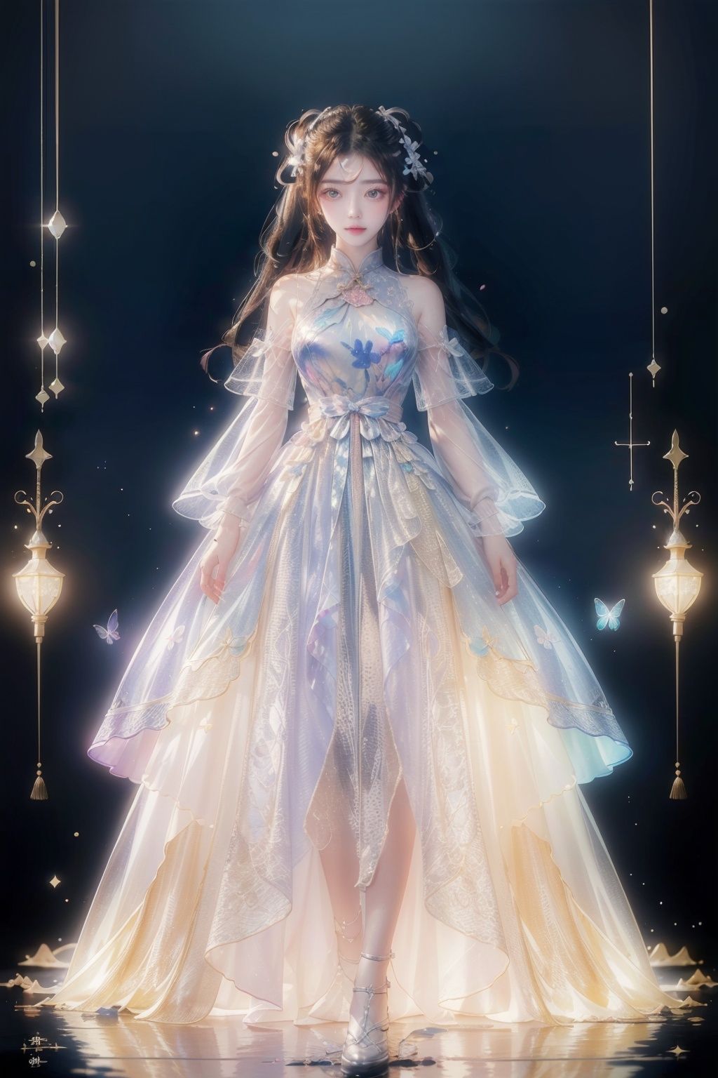 fanxing, liuli2, ((best quality)),((masterpiece)), 20-year-old girl, waist shot, gorgeous cheongsam, hair fluttering, (long hair),jewelry,  twintails, hair bun, 
chromatic dispersion, glowing colors, look at the viewer, 
(metallic_lustre:1.3),(transparent_plastic:1.1),butterfly, petal, (coloured glaze), Polychromatic pri** effect, rainbowcore, iridescence/opalescence, see_through, glowing ambianc, 
night sky city background, neon, star, standard-breast,1 girl,flowers,xuner
