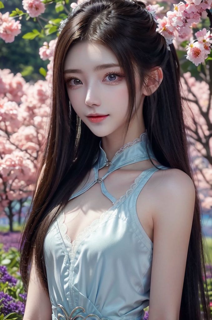 1 girl, solo,solo focus,brown_hair,Long hair,Messy hair,Bangs,hair between eyes,Sidelocks,Hair over shoulder,very long hair,shiny hair,floating hairblue eyes,Bright eyes,big eyes,detailed eyes,beautiful eyes,hair ornament,hair flower,choker,frilled dress with lace,long dress,pleated dress,small breasts,16 year old girl, [loli],blush,blushing,smile,smiling,medium view,outdoors,water,flower,sitting in the ((sea of flowers)), flower field,meadow,beautiful detailed sky,feather,nature,(sunlight), her hands under the chin,  skirt up,AGM,moist skin, shiny skin, glossy skin,(masterpiece, extremely detailed 8k wallpaper,best quality), (best illumination, best shadow, extremely delicate and beautiful), perfect lighting, original, highres, dynamic angle, floating,depth of field, caustics,lens flare,warm lighting,(official art,beautiful and aesthetic:1.2),beautiful face, perfect body,ultra detailed eyes, ,xuner,cyborg