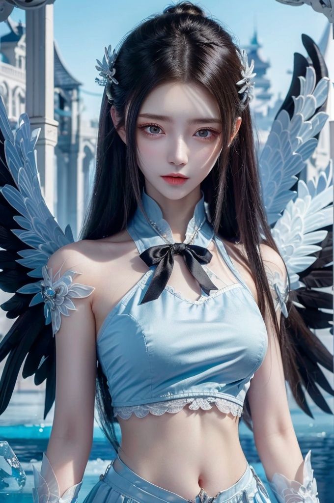 (((masterpiece))),best quality, illustration,(beautiful detailed girl),beautiful detailed glow,detailed ice,beautiful detailed water,(beautiful detailed eyes),expressionless,beautiful detailed white gloves, (floating palaces:1.3),azure hair,disheveled hair,long bangs, hairs between eyes, (skyblue dress),black ribbon,white bowties,midriff,{{{half closed eyes}}},,big forhead,blank stare,flower,large top sleeves,(((ice crystal texture wings))),,full_body,xuner,cyborg