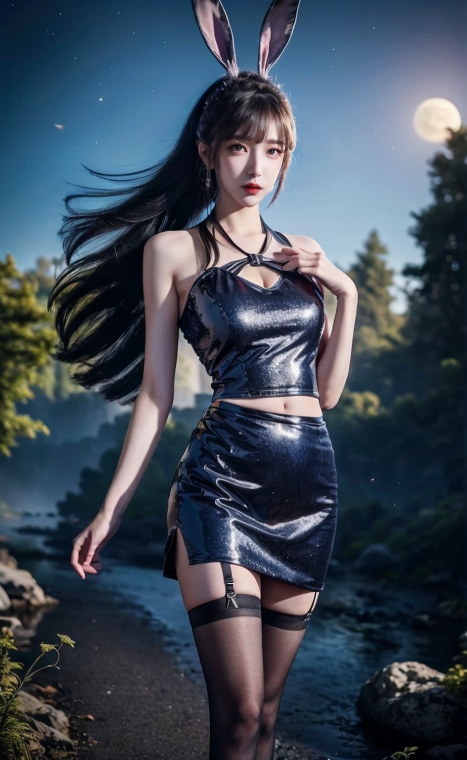 (Good anatomical structure), HDR, UHD, 8K, A real person, Highly detailed, best quality, masterpiece, 1girl, realistic, Highly detailed, (EOS R8, 50mm, F1.2, 8K, RAW photo:1.2), ultra realistic 8k,1girl,animal ears,,bangs,bare shoulders,black hair,bunny,,crescent moon,((blue sequin wrap hip skirt, sparkling, sparkling and shiny,Very tight gelcoat)),earrings,,full moon,garter straps,gem,grass,high heels,jewelry,,lips,lipstick,long hair,moon,moonlight,night,night sky,outdoors,rabbit ears,red moon,sky,smile,solo,standing,star (sky),,wind,,black pantyhose,pose for picture,xiaowu