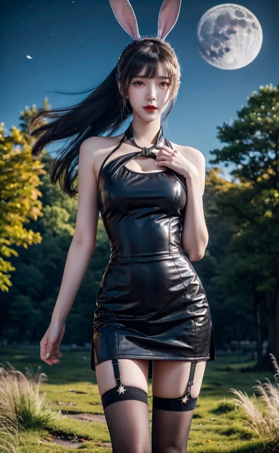 (Good anatomical structure), HDR, UHD, 8K, A real person, Highly detailed, best quality, masterpiece, 1girl, realistic, Highly detailed, (EOS R8, 50mm, F1.2, 8K, RAW photo:1.2), ultra realistic 8k,1girl,animal ears,,bangs,bare shoulders,black hair,bunny,,crescent moon,Red sequin wrap hip skirt, sparkling, sparkling and shiny,Very tight gelcoat,earrings,,full moon,garter straps,gem,grass,high heels,jewelry,,lips,lipstick,long hair,moon,moonlight,night,night sky,outdoors,rabbit ears,red moon,sky,smile,solo,standing,star (sky),,wind,,black pantyhose,pose for picture,xiaowu