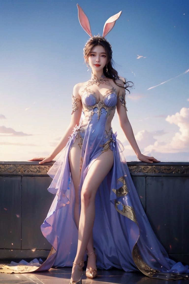 fullbody,1girl,(best quality), Nine-headed body,Flattering figure, Masterpiece, best quality, ultra detailed, fine details, ultra high resolution,real skin,white and blue,red lips,Very tight gelcoat,,long leg,Gold and silver, Bunny Girl dress, 
xiaowu,looking_at_viewer,kind smile,black slstocking