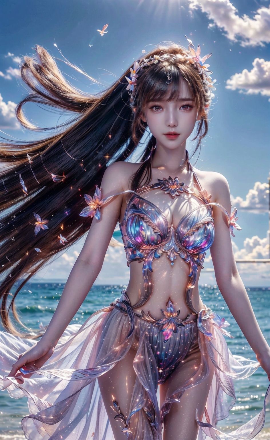 (Good structure), HDR, UHD, 8K, A real person, Highly detailed, best quality, masterpiece, 1girl, realistic, Highly detailed, (EOS R8, 50mm, F1.2, 8K, RAW photo:1.2), ultra realistic 8k, (best illumination, best shadow, extremely delicate and beautiful), (official art, beautiful and aesthetic:1.2), solo, 1girl, , Wind, flowing hair, kind smile, , pose for picture, Dynamic pose, looking_at_viewer, , perfect body, ,,(Floating flower),flowers, Blue sky and white clouds, beach,outdoor, ,bikini,,lips,Facing the audience head-on,  xiaowu
