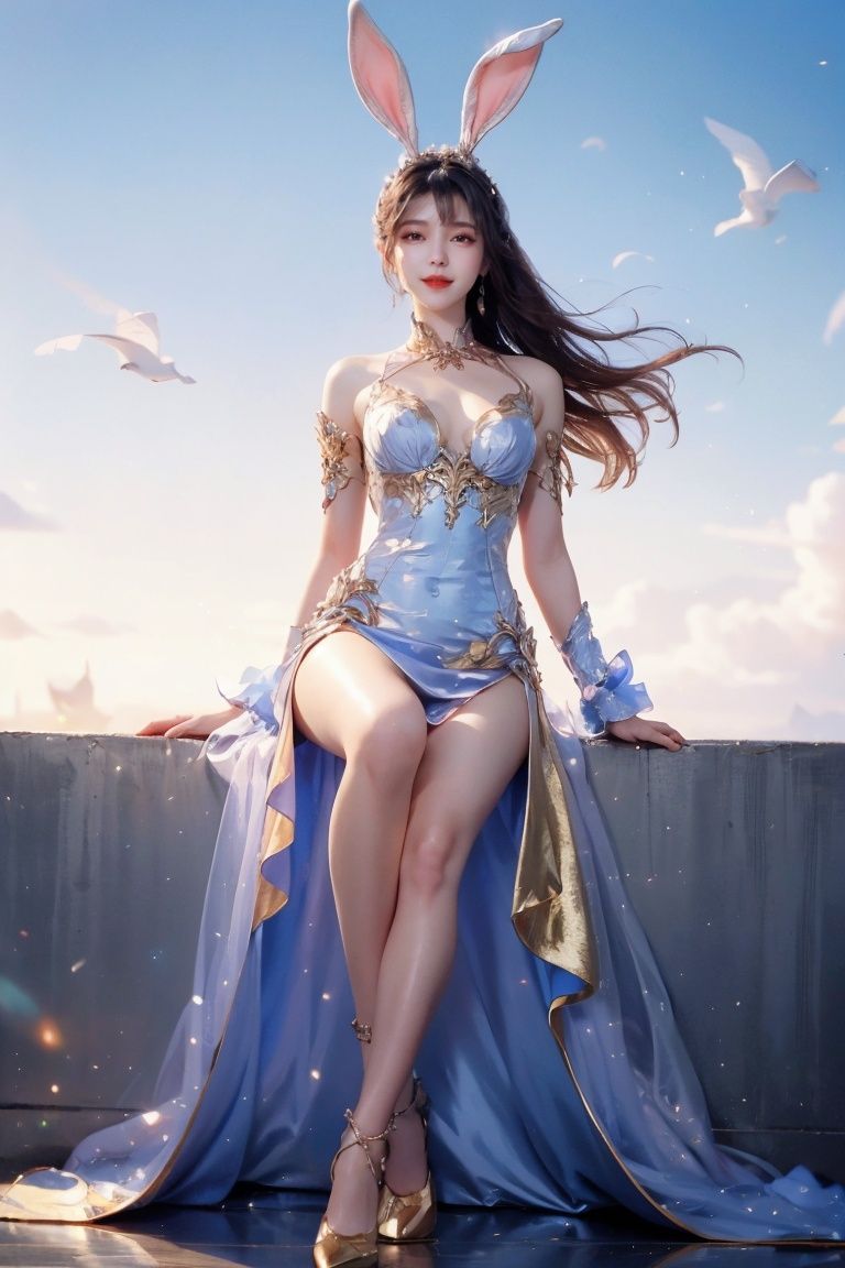 fullbody,1girl,(best quality), Nine-headed body,Flattering figure, Masterpiece, best quality, ultra detailed, fine details, ultra high resolution,real skin,white and blue,red lips,Very tight gelcoat,,long leg,Gold and silver, Bunny Girl dress, 
xiaowu,looking_at_viewer,kind smile