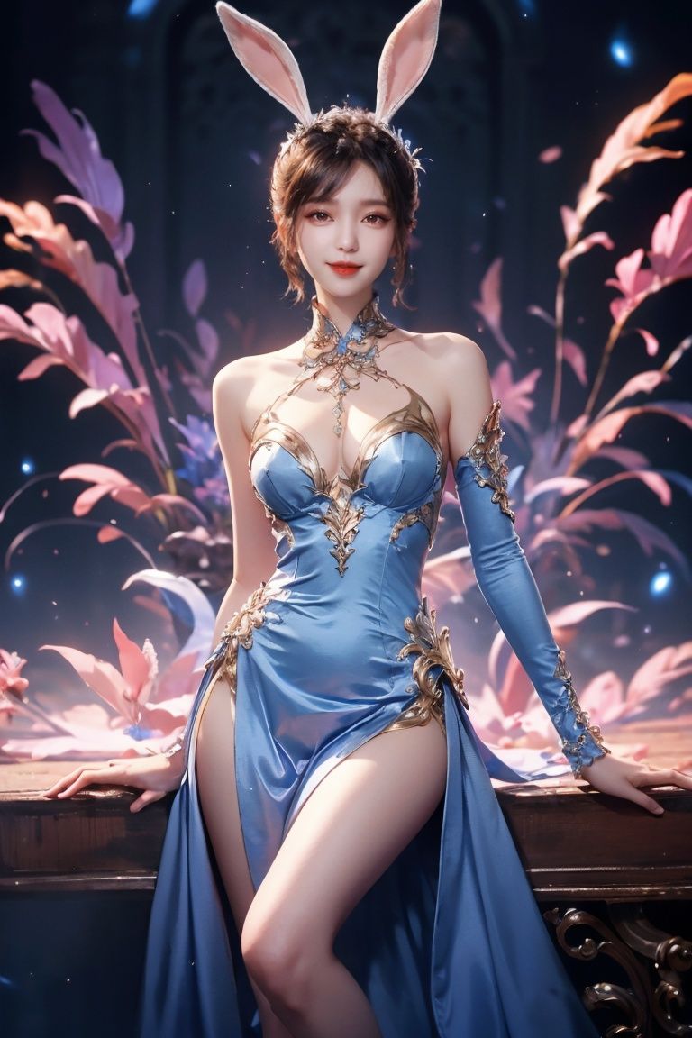 fullbody,1girl,(best quality), Nine-headed body,Flattering figure, Masterpiece, best quality, ultra detailed, fine details, ultra high resolution,real skin,white and blue,red lips,Very tight gelcoat,,long leg,Gold and silver, Bunny Girl dress, 
xiaowu,looking_at_viewer,kind smile