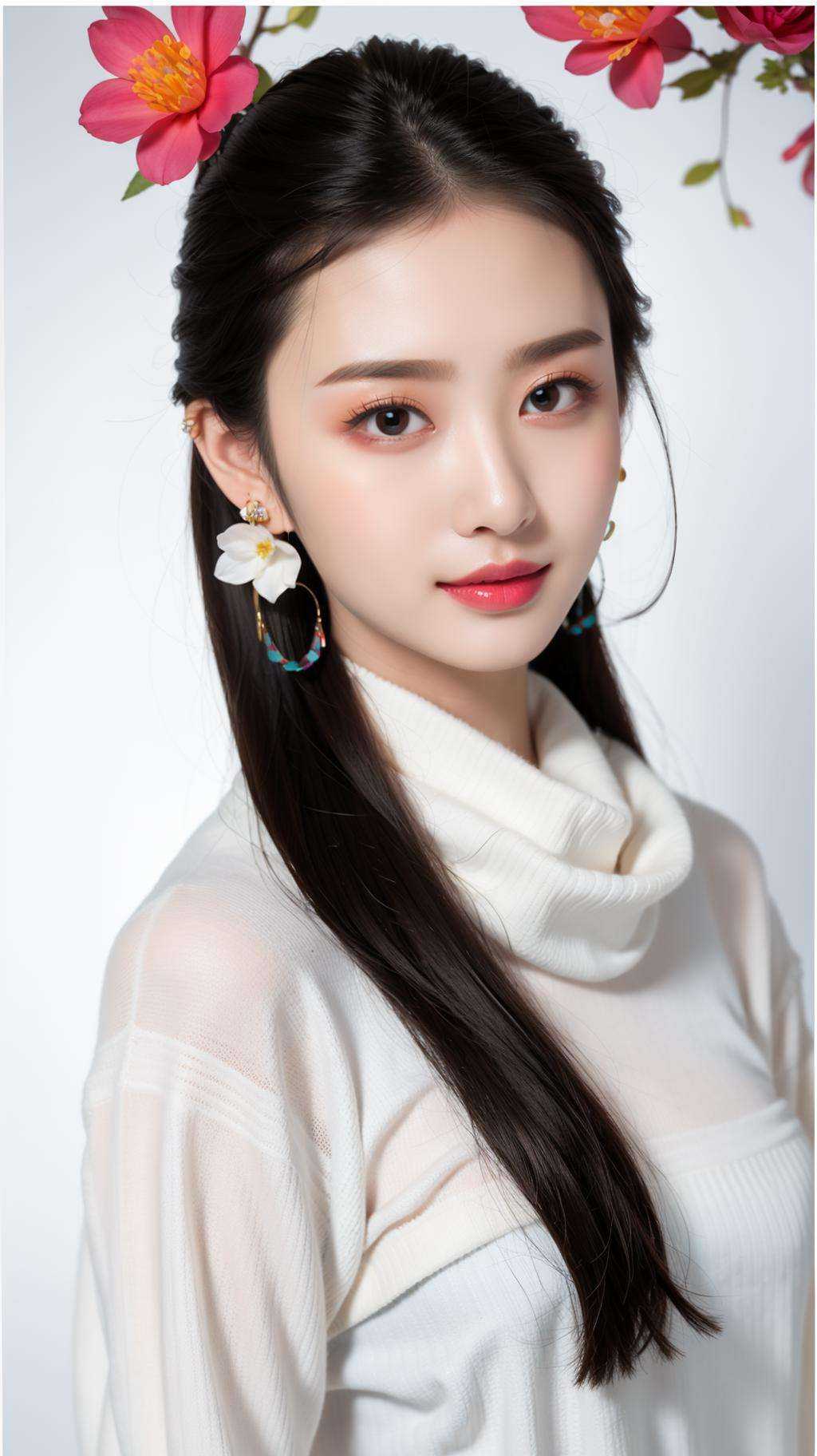 <lora:YJ_20230910182544:0.7>,jing,1girl,solo,upper body,(gradient color sweater:1.1),shawl hair,realistic,black hair,earrings,looking at viewer,jewelry,lips,upper body,white background,smile,long hair,YJ,flower,(poster background:1.3),