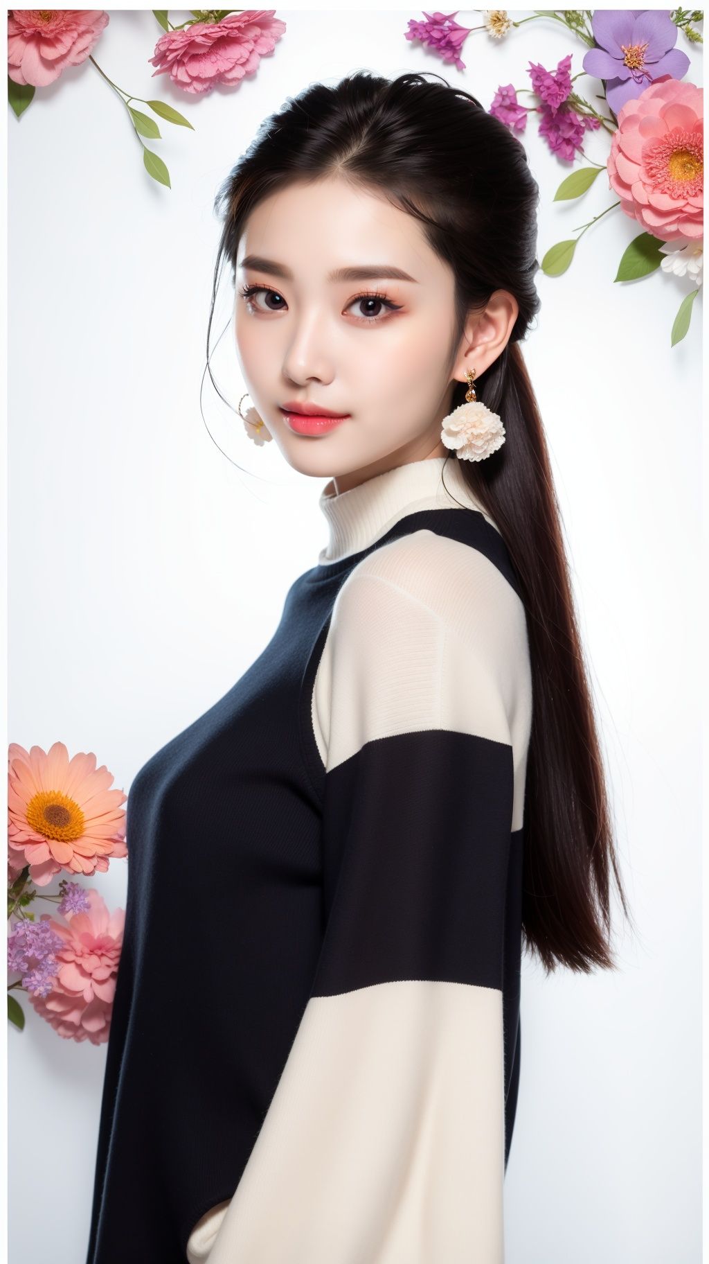 <lora:YJ_20230910182544:0.7>,jing,1girl,solo,upper body,gradient color sweater,shawl hair,realistic,black hair,earrings,looking at viewer,jewelry,lips,upper body,white background,smile,long hair,YJ,flower,(poster background:1.3),