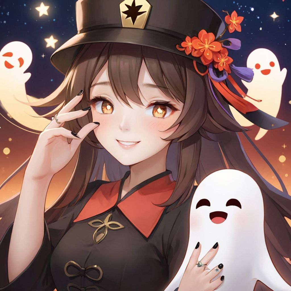 (((masterpiece))), ((best quality)), hyper quality, official art, extremely detailed CG unity 8k wallpaper, highly detailed, (super fine illustration), highres, (ultra-detailed), detailed face4, 
(\hu tao\), 1girl, one eye closed, solo, looking at viewer, black nails, smile, ghost,full_body,Star shaped pupil,True Love