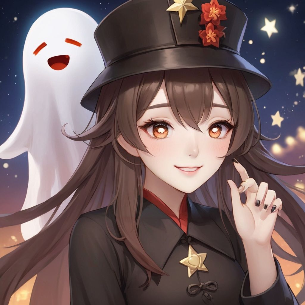 (((masterpiece))), ((best quality)), hyper quality, official art, extremely detailed CG unity 8k wallpaper, highly detailed, (super fine illustration), highres, (ultra-detailed), detailed face4, 
(\hu tao\), 1girl, one eye closed, solo, looking at viewer, black nails, smile, ghost,full_body,Star shaped pupil,True Love