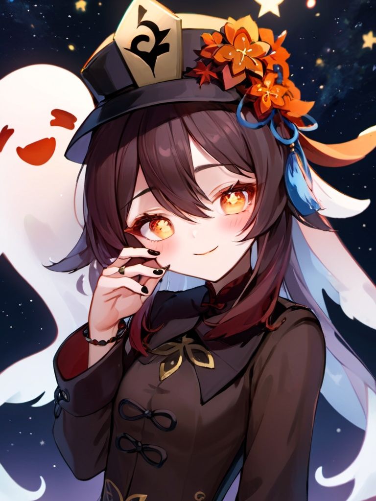 (((masterpiece))), ((best quality)), hyper quality, official art, extremely detailed CG unity 8k wallpaper, highly detailed, (super fine illustration), highres, (ultra-detailed), detailed face4, 
(\hu tao\), 1girl, one eye closed, solo, looking at viewer, black nails, smile, ghost,full_body,Star shaped pupil