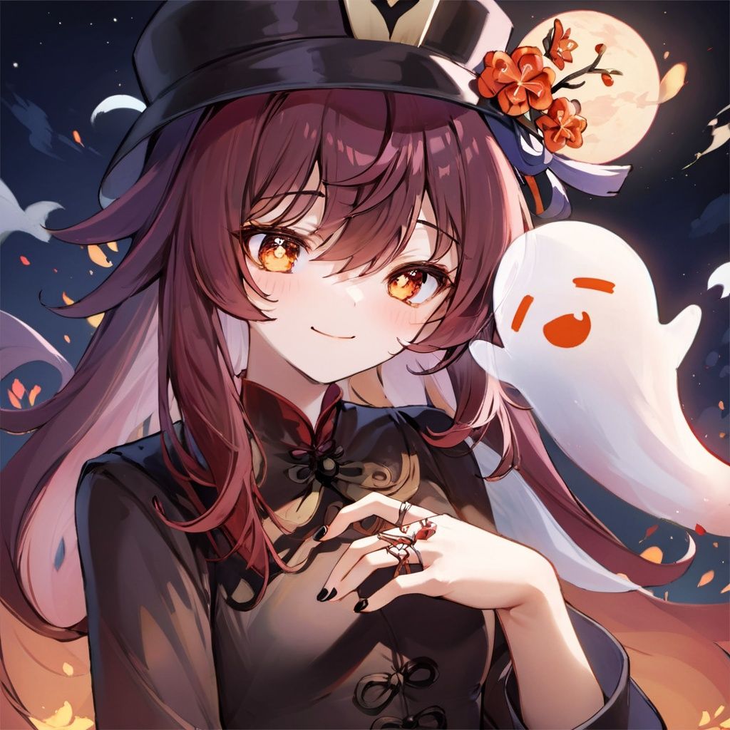 (((masterpiece))), ((best quality)), hyper quality, official art, extremely detailed CG unity 8k wallpaper, highly detailed, (super fine illustration), highres, (ultra-detailed), detailed face4, 
(\hu tao\), 1girl, one eye closed, solo, looking at viewer, black nails, smile, ghost