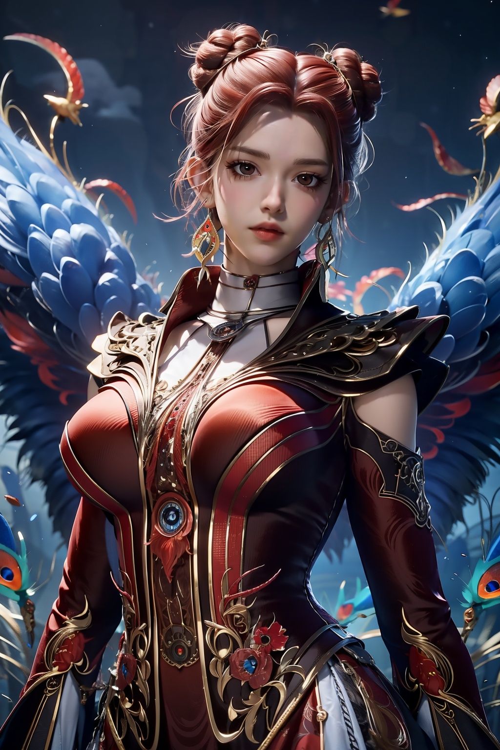 Best Quality, masterpiece, ultra-high resolution, (photo realistic: 1.4) , Surrealism, Fantastical verisimilitude, beautiful blue-skinned goddess Phoenix Peacock on her head, fantastical creation, thriller color scheme, surrealism, abstract, psychedelic, 1 girl,flower,castle,jyy-hd,1 girl,mds-hd,xwhd,yx-hd,dzn-hd,mxt-hd