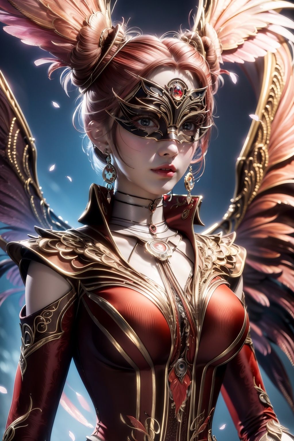 (Hyper Real), (illustration), (high resolution), (8K), (Very detailed), (Best Illustration), (Beautiful detailed eyes), (Best quality), (Super detailed), (Masterpiece), (the wallpaper), (Detailed face), Solo, (Dynamic pose), 1girl,jewelry,wings,dress,crystal,Peacock feathers,1 girl,yuyao,xwhd,(upper body),huliya,dzn-hd,yf-hd,mxt-hd,wings,mxtc-hd,mask,mxtm-hd