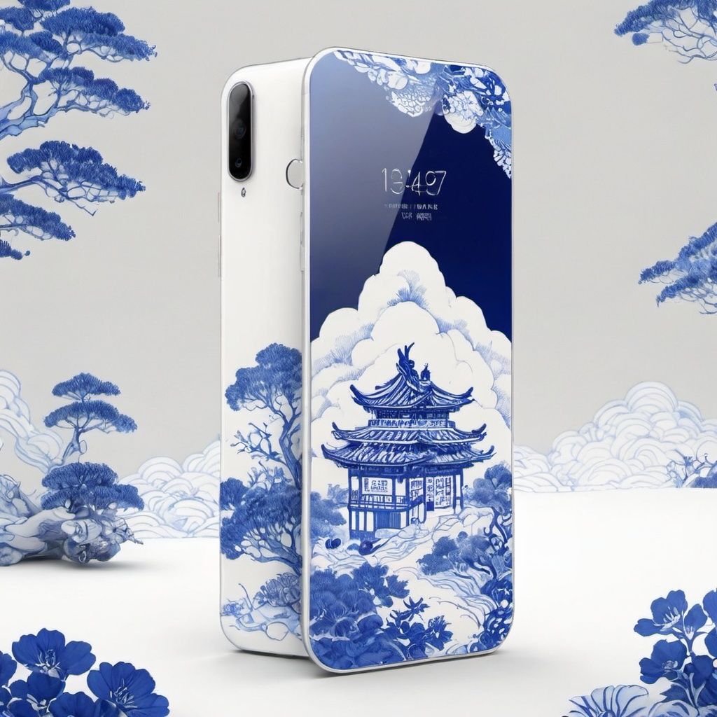 Product display,A mobile phone,huan, no humans,space,wujie,blue and white porcelain