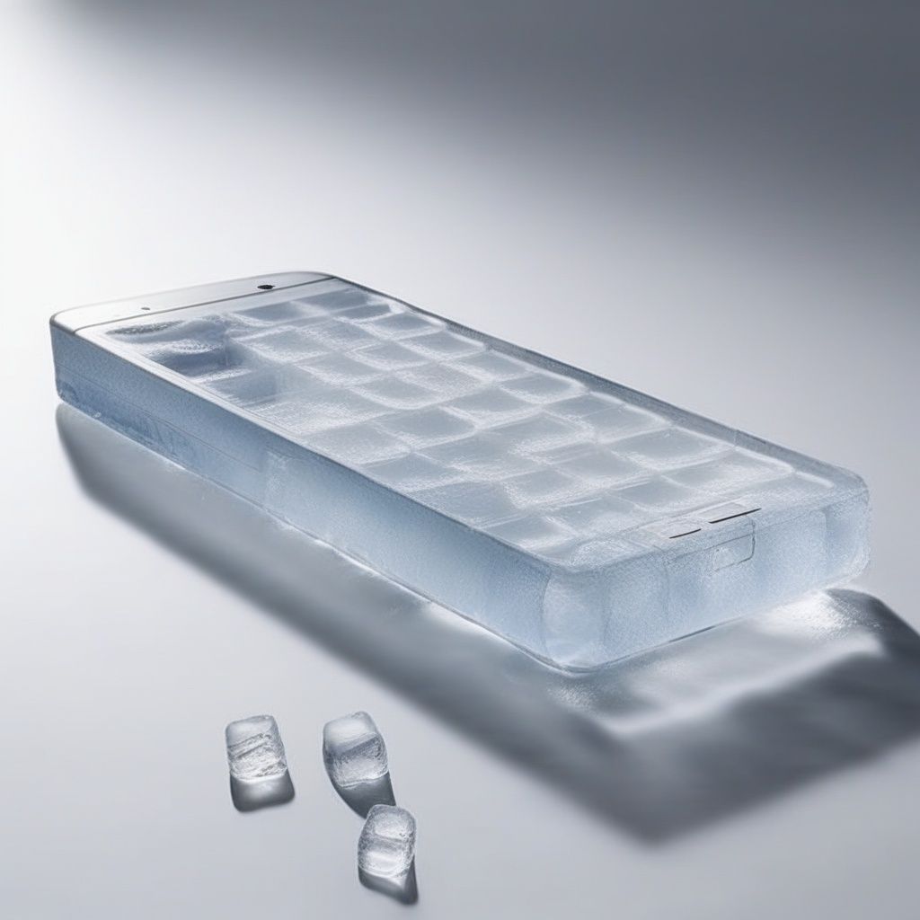 Product display，A phone made of ice cubes，huan, no humans,<lora:phone:1>