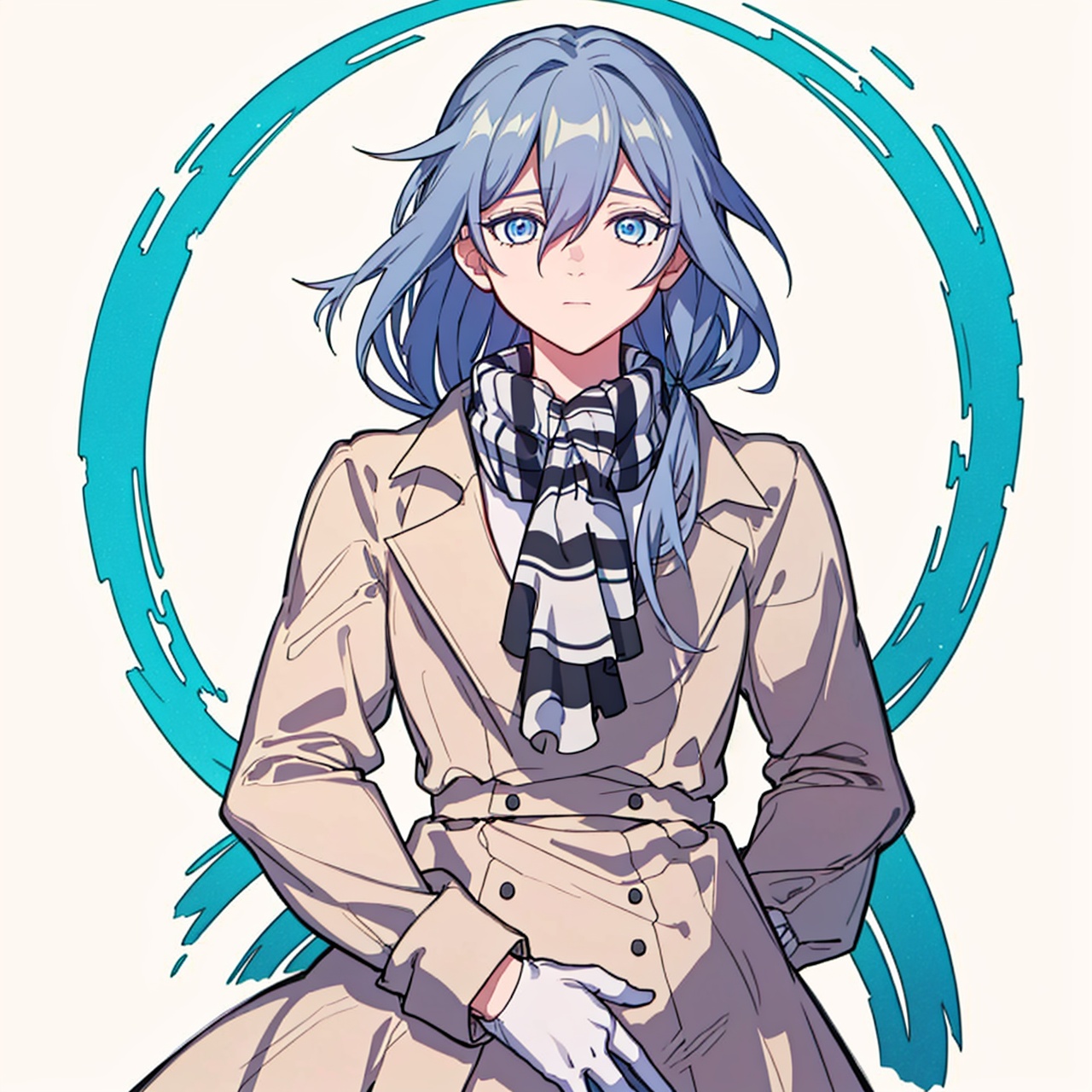  (masterpiece:1.3),(the best quality:1.2),(super fine illustrations:1.2),(Masterpiece),high quality,high detail,(white background:1.2),looking at viewer,(SOLO:1.4),outline,simple background,, coat,jacket,black legwear,hair between eyes,blue eyes,boots,double-breasted,knee boots,low-tied long hair,lace-up boots,black footwear,checkered scarf,grey hair,